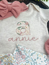 Load image into Gallery viewer, Personalized Baby Girl Outfit | Oatmeal Bodysuit Small Flowers Skirt Pink Baby Name