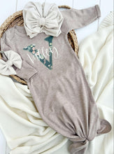 Load image into Gallery viewer, Personalized Baby Girl Outfit | Mocha Brown Knotted Gown Floral Green