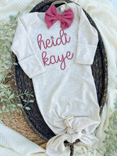Load image into Gallery viewer, Personalized Baby Girl Outfit | Oatmeal Knotted Baby Gown Deep Pink Chunky Baby Name