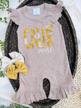 Load image into Gallery viewer, Personalized Baby Girl Outfit | Mocha Brown Flutter Sleeve Ruffle Romper Floral Blue Baby Name