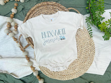 Load image into Gallery viewer, Personalized Baby Boy Outfit | Cream Beige Bubble T-Shirt Train Blue Custom Name