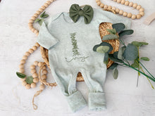 Load image into Gallery viewer, Personalized Newborn Baby Girl Romper | Green Romper Floral Initial Dark Sage Green Baby Name