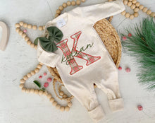 Load image into Gallery viewer, Personalized Girl Baby Outfit | Oatmeal Romper or Gown Christmas Plaid Custom Baby Name
