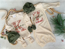 Load image into Gallery viewer, Personalized Baby Boy Outfit | Oatmeal Romper or Gown Christmas Plaid Custom Baby Name