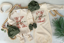Load image into Gallery viewer, Personalized Baby Boy Outfit | Oatmeal Romper or Gown Christmas Plaid Custom Baby Name