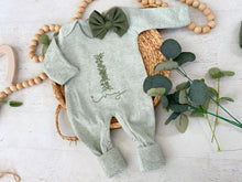 Load image into Gallery viewer, Personalized Newborn Baby Girl Romper | Green Romper Floral Initial Dark Sage Green Baby Name