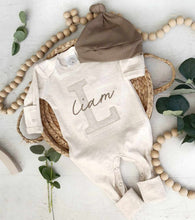 Load image into Gallery viewer, Personalized Baby Boy Outfit | Oatmeal Romper Beige Stripe Big Letter Taupe Baby Name
