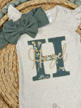 Load image into Gallery viewer, Personalized Baby Girl Outfit | Oatmeal Flutter Sleeve Ruffle Romper Floral Green Baby Name