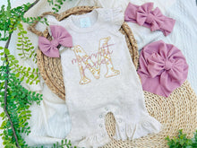 Load image into Gallery viewer, Personalized Baby Girl Outfit | Oatmeal Flutter Sleeve Ruffle Romper Floral Pink Baby Initials