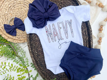 Load image into Gallery viewer, Personalized Baby Girl Outfit | White Bodysuit Blue Floral Baby Name