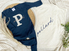 Load image into Gallery viewer, Personalized Navy Blue Beige Baby Boy Outfit | Navy Blue Romper Biege Stripe
