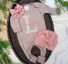 Load image into Gallery viewer, Personalized Baby Girl Outfit | Mocha Brown Romper Beige Stripe Letter Pink Baby Name