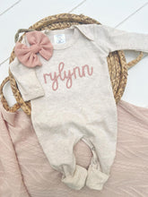 Load image into Gallery viewer, Personalized Baby Girl Outfit | Oatmeal Beige Romper Pink Chunky Chain Stitch