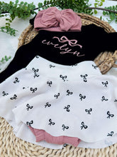 Load image into Gallery viewer, Personalized Baby Girl Outfit | Black Bodysuit Black Bow Skirt Baby Name