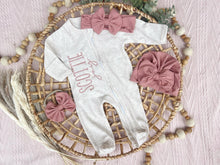 Load image into Gallery viewer, Personalized Baby Girl Newborn Outfit | Oatmeal Zip Romper Custom Color Baby Name