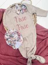 Load image into Gallery viewer, Personalized Baby Girl Outfit | Taupe Knotted Baby Gown Deep Pink Floral Baby Name