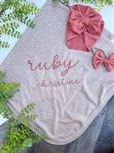 Load image into Gallery viewer, Personalized Baby Girl Outfit | Mocha Flutter Sleeve Ruffle Romper Floral Blue Baby Name