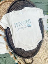 Load image into Gallery viewer, Personalized Baby Boy Outfit | Cream Beige Bubble T-Shirt Train Blue Custom Name