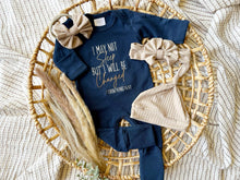 Load image into Gallery viewer, Baby Girl Outfit | Navy Romper - Funny Christian I May Not Sleep But I Will Be Changed