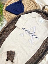 Load image into Gallery viewer, Personalized Baby Boy Newborn Outfit | Oatmeal Romper Big Letter Navy Blue Baby Name