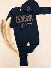 Load image into Gallery viewer, Personalized Baby Boy Coming Home Outfit – Navy Footie & Hat