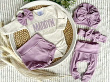Load image into Gallery viewer, Personalized Baby Girl Outfit | Oatmeal Beige Bodysuit Soft Purple Beige Baby Name
