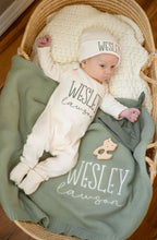 Load image into Gallery viewer, Personalized Baby Boy Outfit | Natural Cotton Romper Sage Green Baby Name