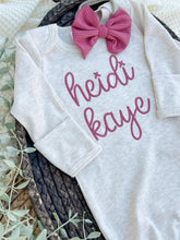 Load image into Gallery viewer, Personalized Baby Girl Outfit | Oatmeal Knotted Baby Gown Deep Pink Chunky Baby Name