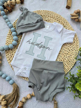 Load image into Gallery viewer, Personalized Baby Outfit | White Bodysuit Blue Stripe Gray Baby Name