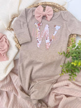 Load image into Gallery viewer, Personalized Baby Girl Outfit | Mocha Brown Knotted Gown Floral Pink Gold