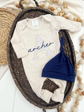 Load image into Gallery viewer, Personalized Baby Boy Newborn Outfit | Oatmeal Romper Big Letter Navy Blue Baby Name