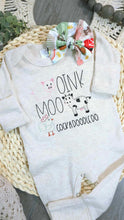Load image into Gallery viewer, Farm Baby Outfit | Oatmeal Romper Oink Moo Cock-A-Doodle-Doo
