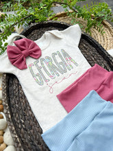 Load image into Gallery viewer, Personalized Baby Girl Outfit | Oatmeal Beige Bodysuit Floral Pink Blue Baby Name