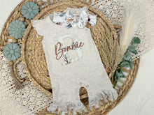 Load image into Gallery viewer, Personalized Baby Girl Outfit | Oatmeal Flutter Sleeve Ruffle Romper Floral White Baby Name