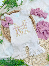 Load image into Gallery viewer, Personalized Baby Girl Outfit | Oatmeal Flutter Sleeve Ruffle Romper Floral Pink Baby Initials