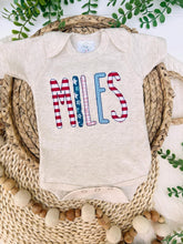 Load image into Gallery viewer, Personalized Baby Boy Outfit | Oatmeal Beige Bodysuit Red White and Blue Custom Baby Name