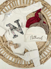 Load image into Gallery viewer, Personalized Baby Boy Newborn Outfit | Natural Oatmeal Romper Plaid Baby Name