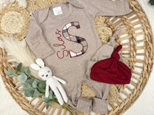 Load image into Gallery viewer, Personalized Baby Boy Name Outfit | Mocha Brown Romper Red Plaid Initial