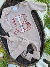 Load image into Gallery viewer, Personalized Baby Boy Name Outfit | Mocha Brown Romper Red Plaid Initial