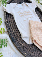 Load image into Gallery viewer, Personalized Baby Boy Outfit | Oatmeal Beige Bodysuit Honey Beige Custom Name