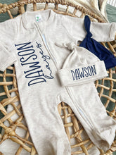 Load image into Gallery viewer, Personalized Baby Boy Newborn Outfit | Oatmeal Zip Romper Custom Color Baby Name