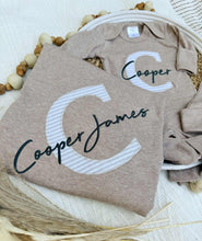 Load image into Gallery viewer, Personalized Baby Boy Outfit | Oatmeal, Sage, Mocha Romper Beige Stripe Initial Baby Name