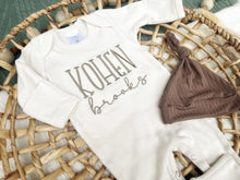 Load image into Gallery viewer, Personalized Baby Boy Newborn Outfit | Natural Oatmeal Romper Custom Color Baby Name