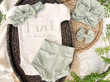 Load image into Gallery viewer, Personalized Baby Girl Outfit | Oatmeal Beige Bodysuit Sage Green Baby Name