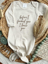 Load image into Gallery viewer, Newborn Baby Outfit | Before I Formed You Oatmeal Knotted Gown