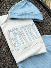 Load image into Gallery viewer, Personalized Baby Boy Outfit | Oatmeal Beige Bodysuit Soft Blue Tan Custom Baby Name