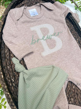 Load image into Gallery viewer, Personalized Baby Boy Newborn Outfit | Mocha Brown Romper Big Letter Beige Stripe Green Baby Name