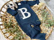 Load image into Gallery viewer, Personalized Baby Girl Outfit | Navy Romper - Speckled Polka Dot Oatmeal Beige Initial Baby Name
