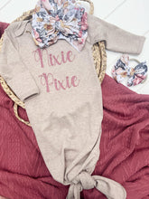 Load image into Gallery viewer, Personalized Baby Girl Outfit | Taupe Knotted Baby Gown Deep Pink Floral Baby Name
