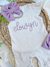 Load image into Gallery viewer, Personalized Baby Girl Outfit | Oatmeal Flutter Romper Light Purple Baby Name